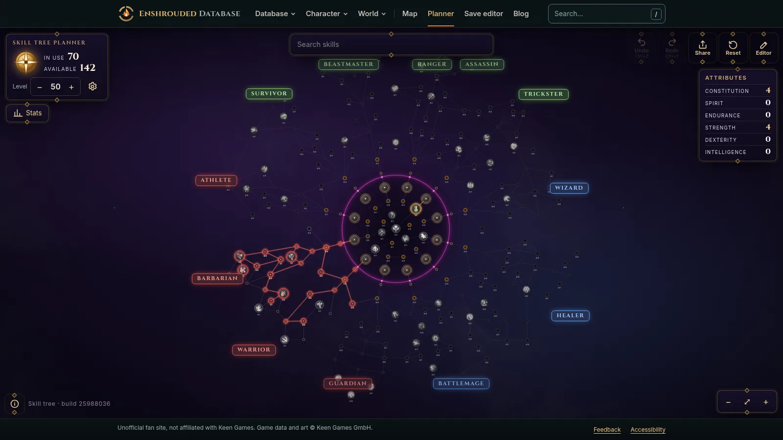 The Enshrouded skill tree planner with a two-handed Barbarian build lit up in the Warrior area of the tree.