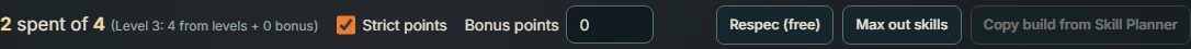 Points spent, Strict points on and Bonus points read from the save, next to the Respec, Max out skills and Copy build from Skill Planner buttons